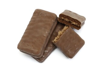 Three chocolate biscuit bars, one broken white background