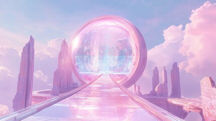 Futuristic portal guiding pathway to surreal dream world