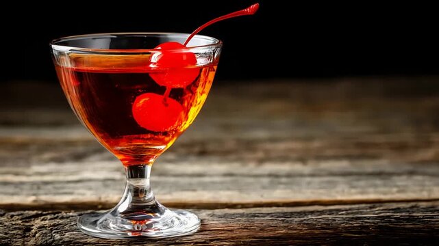 Elegant Cocktail with Two Maraschino Cherries on Distressed Wood Surface.
