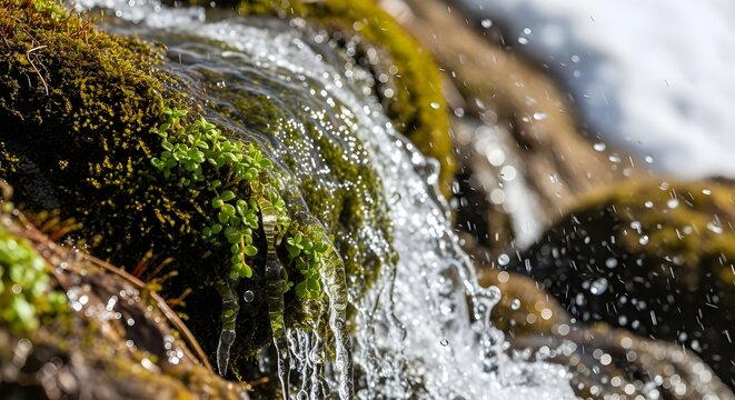 Stunning close-up of crystal clear water cascading over lush green moss and vibrant plants, perfect for nature lovers and promoting environmental awareness - Powered by Adobe