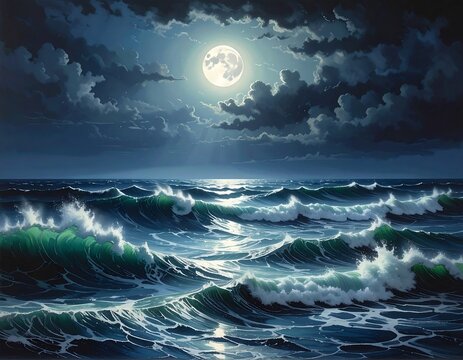 A serene seascape featuring ocean waves crashing under a moonlit sky, complete with dramatic clouds and beams of light
