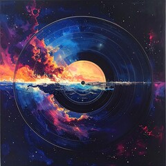 A vinyl record is bisected by a seascape and a nebula filled sky with an orange sun