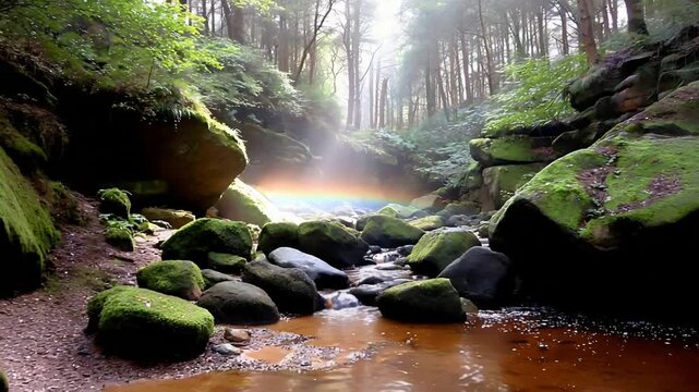 Enchanting Forest Stream with a Magical Rainbow Arching Over Mossy Rocks.