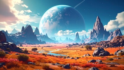 A vibrant alien landscape with a large planet, jagged mountains, and an orange-hued field under a bright, dynamic sky