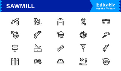 Sawmill And Lumber Industry Line Icon Set – Professional, Modern, Minimal, And Pixel Perfect Woodcutting Symbols