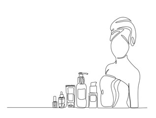 Continuous line art drawing of pretty girl wearing kimono with cosmetics bottle packaging set. Editable stroke.