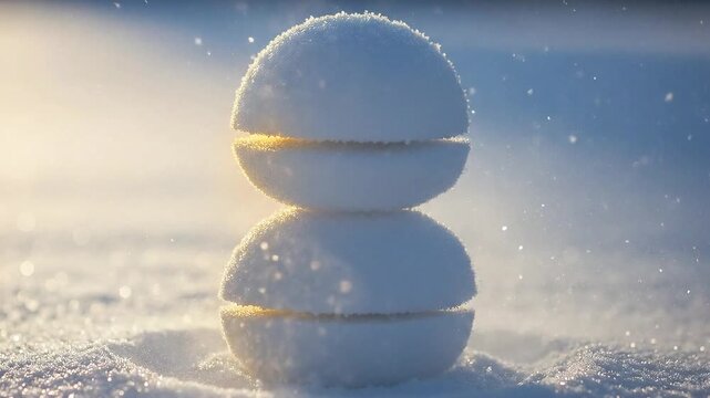 Large snow sphere stacked in surreal balanced formation under warm backlight