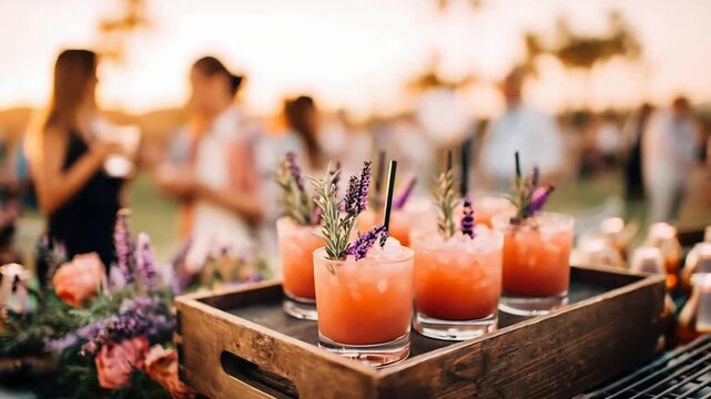 Refreshing summer cocktails served outdoors at a party with blurred guests in background.