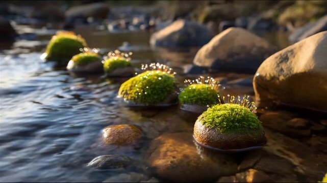 Serene river flow over mossy rocks with shimmering water droplets.