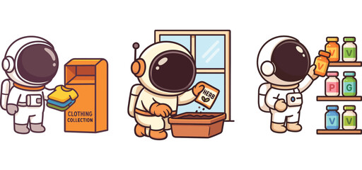 three cartoon astronauts shopping and looking at shelves