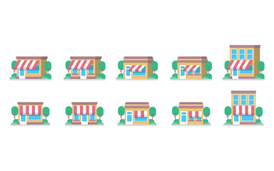 Fototapeta premium A collection of flat-style vector illustrations of small storefront buildings with striped awnings, large windows, and surrounding trees. Easy editable vector illustration