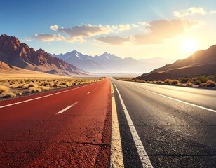 Scenic desert highway stretching towards distant mountains under a vibrant sky
