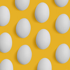 Natural white chicken eggs with soft shadow as minimal style pattern on yellow background. Top view still life photo, creative food layout, egg day holiday concept, graphic flat lay pastel colored.