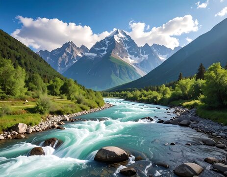 A scenic vista showcasing a vibrant river winding through a valley, with towering, snow-capped mountains and lush greenery under a blue sky
