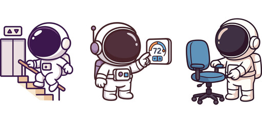 two cartoon astronauts fixing panel and setting chair