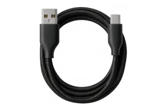 Black braided usb-c to usb-a data and charging cable providing power and connectivity, isolated with a transparent background