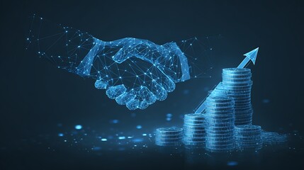 Digital Handshake with Growing Coin Stack. Concept for Financial Partnership, Investment, and Business Success.