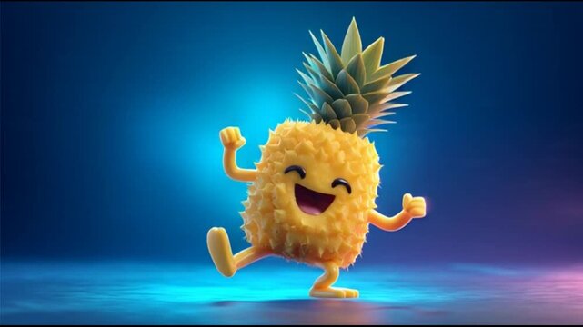 Cartoon pineapple character with arms and legs dancing