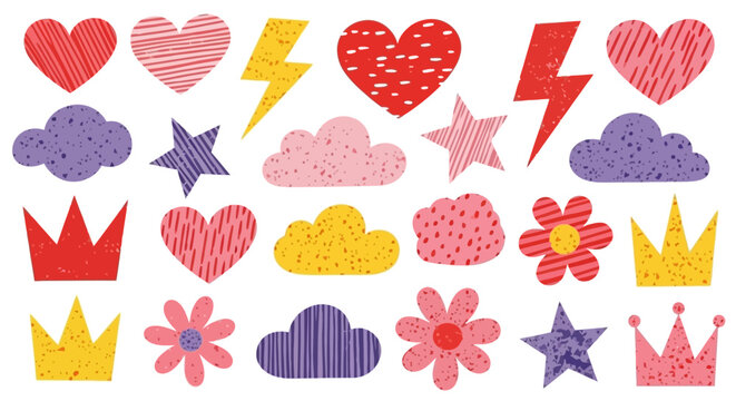 Colorful Vector Illustrations Hearts, Lightning Bolts, Clouds, Stars, Crowns, and Flowers for Design
