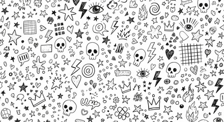 Energetic and eclectic monochrome doodle pattern, a vibrant abstract background showcasing a fun collection of hand-drawn skulls, stars, eyes, and playful elements