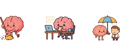 cartoon brain working on laptop with umbrella user