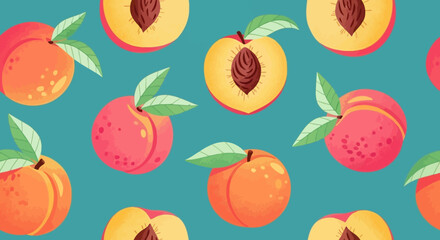 Vibrant Seamless Pattern of Fresh Ripe Peaches, Including Halved Fruits with Pits, Set Against a Teal Background, Ideal for Summer Designs, Textiles, and Food-related Graphics