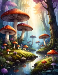 A whimsical landscape of towering mushrooms with red caps, nestled in a lush, magical forest with a meandering stream and vibrant sunlight