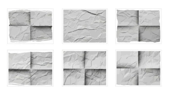 A collection of six different wrinkled and crumpled white paper sheets, each folded into four quadrants and isolated on a white background