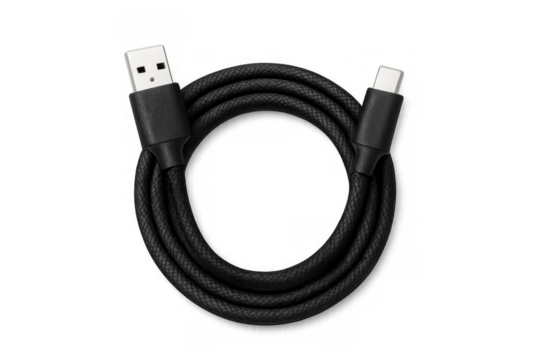 Black braided usb cable with type-a to type-c connectors, coiled for charging and data transfer, transparent background