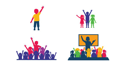 Colorful silhouettes of children celebrating learning and a teacher presenting