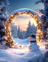A whimsical snowy scene features a snowman in a winter wonderland, a ring of lights, and snow-covered fir trees
