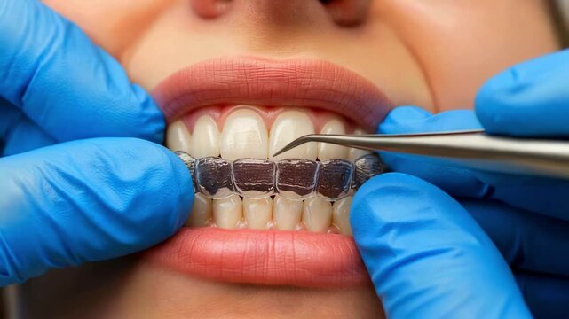 A dentist using a metal tool to adjust a clear, plastic aligner on human teeth