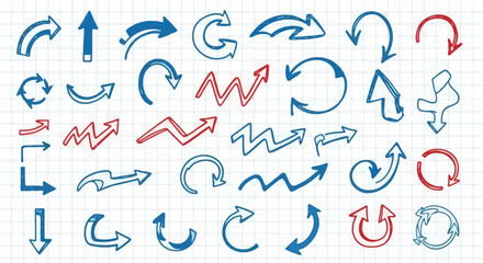 Hand-Drawn Arrows in Various Shapes and Styles on Grid Background Navigational and Design Elements