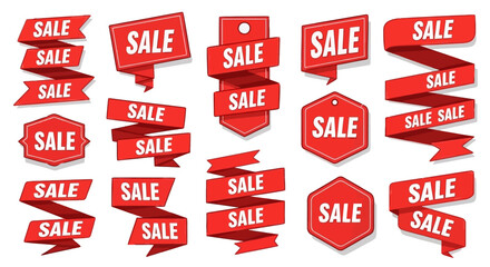 Red Sale Banners and Ribbons Vector Set for Promotions and Discounts