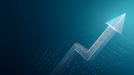 Transparent Wireframe Growth Arrow on Blue Background. Abstract Digital Concept for Business Success and Progress