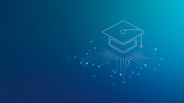 Digital Graduation Cap on Chip. Abstract E-Learning, AI Education, and Future Technology Knowledge Concept