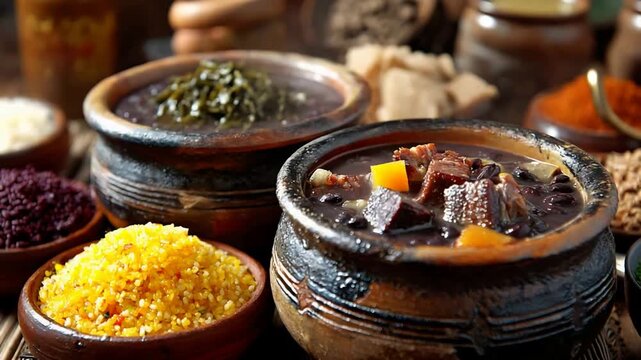 Traditional Brazilian Feijoada Meal with Rice and Greens in Rustic Pottery.
