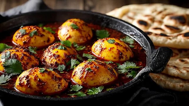 Delicious Indian Egg Curry with Fluffy Naan Bread in Rustic Setting.