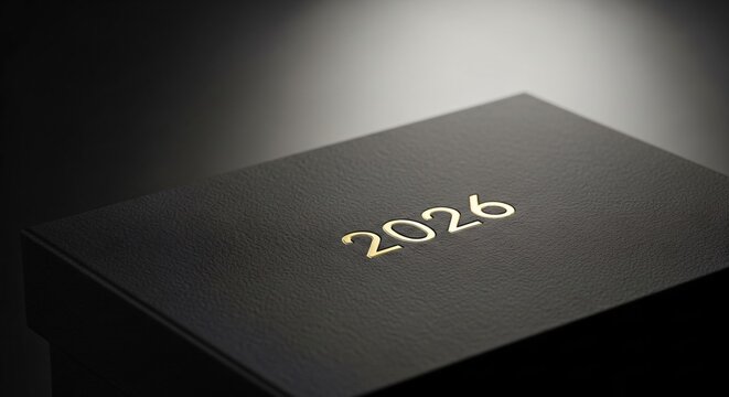 A dark, textured surface with the year 2026 embossed in gold, suggesting a significant milestone or a future event