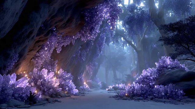 Enchanting forest path illuminated by glowing purple crystals and ethereal mist.
