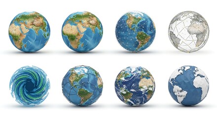 Collection of eight globes representing earth with different styles, including realistic, digital, and abstract designs, isolated on white background