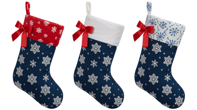 Festive snowflake Christmas stockings ready for holiday gifts