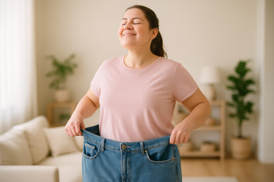 Happy woman shows medical weight loss success and diet management. positive result after healthy lifestyle transformation