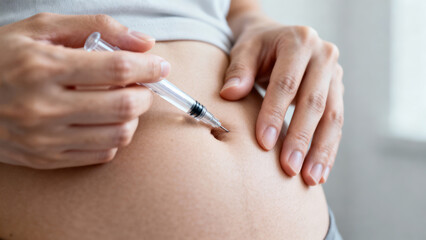 Determined woman using medical injection for weight management. Self care treatment with syringe for belly fat loss plan
