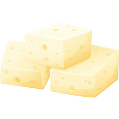 Three Cubes of Light Yellow Cheese Stacked on a Transparent Background Detailed with Small Holes and Subtle Shading Indicating a Smooth Texture and Delicious Appearance