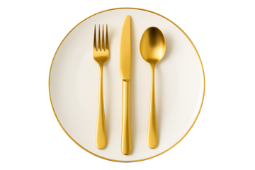 Elegant gold-plated fork knife and spoon standing vertically centered on a pristine white dinner plate with a subtle golden trim, ready for a luxurious banquet isolated on transparent background