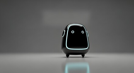 Matte blue robot with glowing cyan eye and oval mouth standing in dark space sleek minimalist design for futuristic tech and ai assistant concept