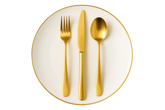 Elegant gold-plated fork knife and spoon standing vertically centered on a pristine white dinner plate with a subtle golden trim, ready for a luxurious banquet isolated on transparent background