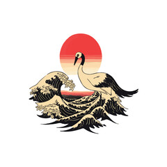 A Japanese red-crowned crane gracefully balances by turbulent black ink waves, with a radiant red sun reflecting on the distant horizon in a traditional minimalist style..eps