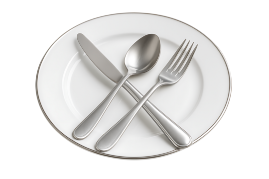 Silver knife fork and spoon crossed diagonally on a white dinner plate with a subtle silver border, signaling a finished meal in formal table manners isolated on transparent background